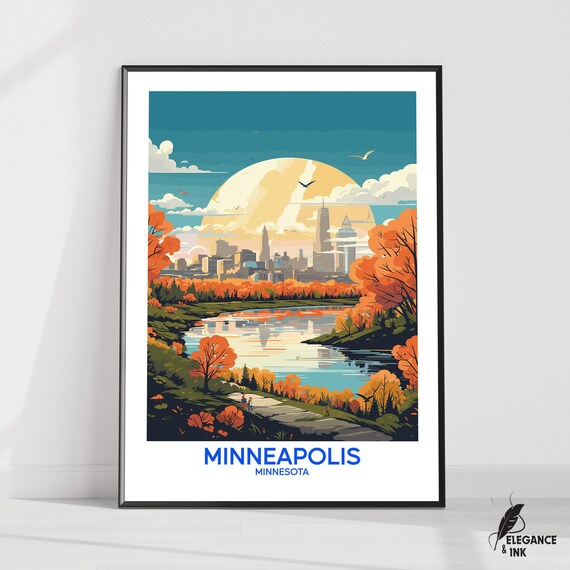 Minneapolis Minnesota Autumn River Path Vintage Travel Poster