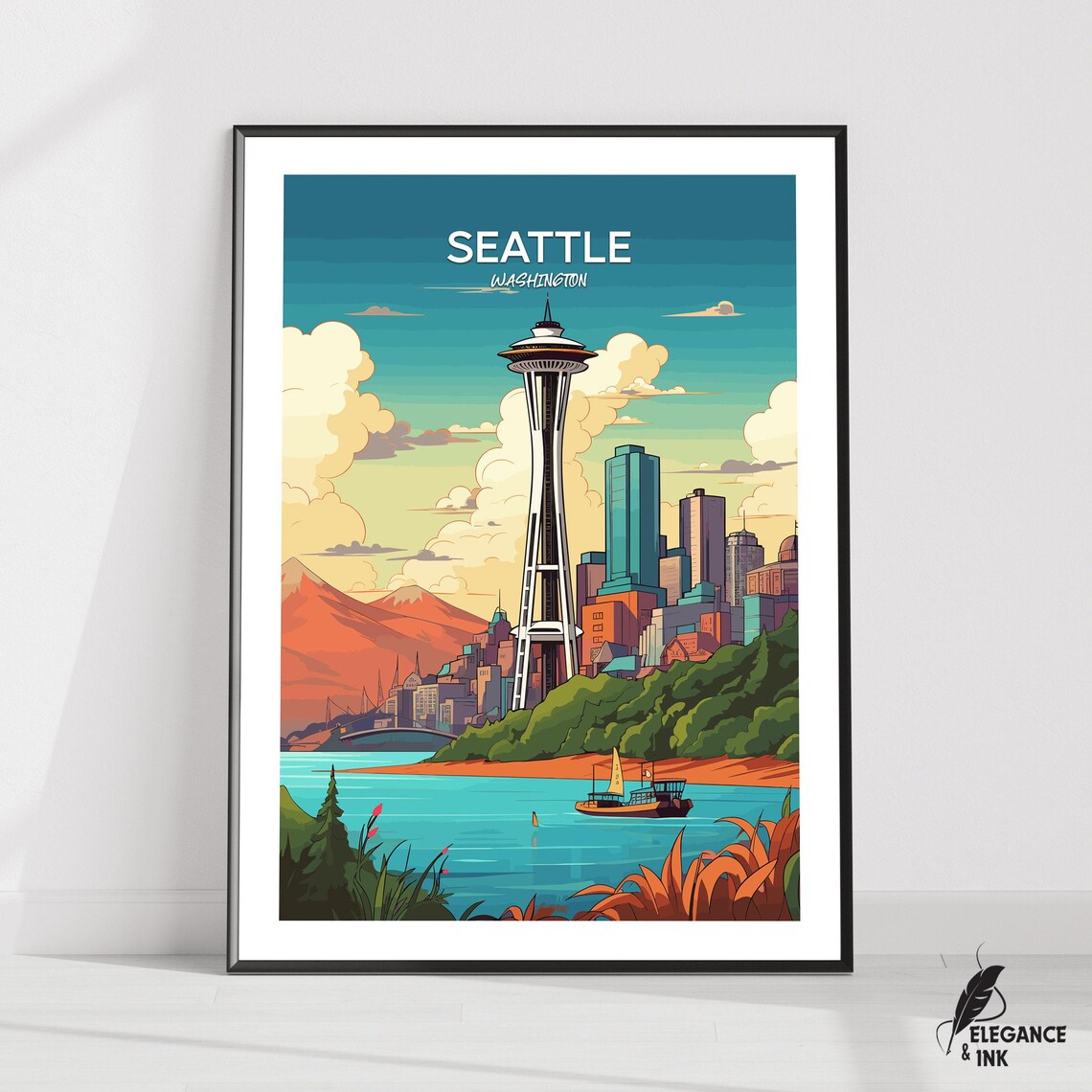 Seattle Washington Space Needle Skyline Top Title Travel Poster