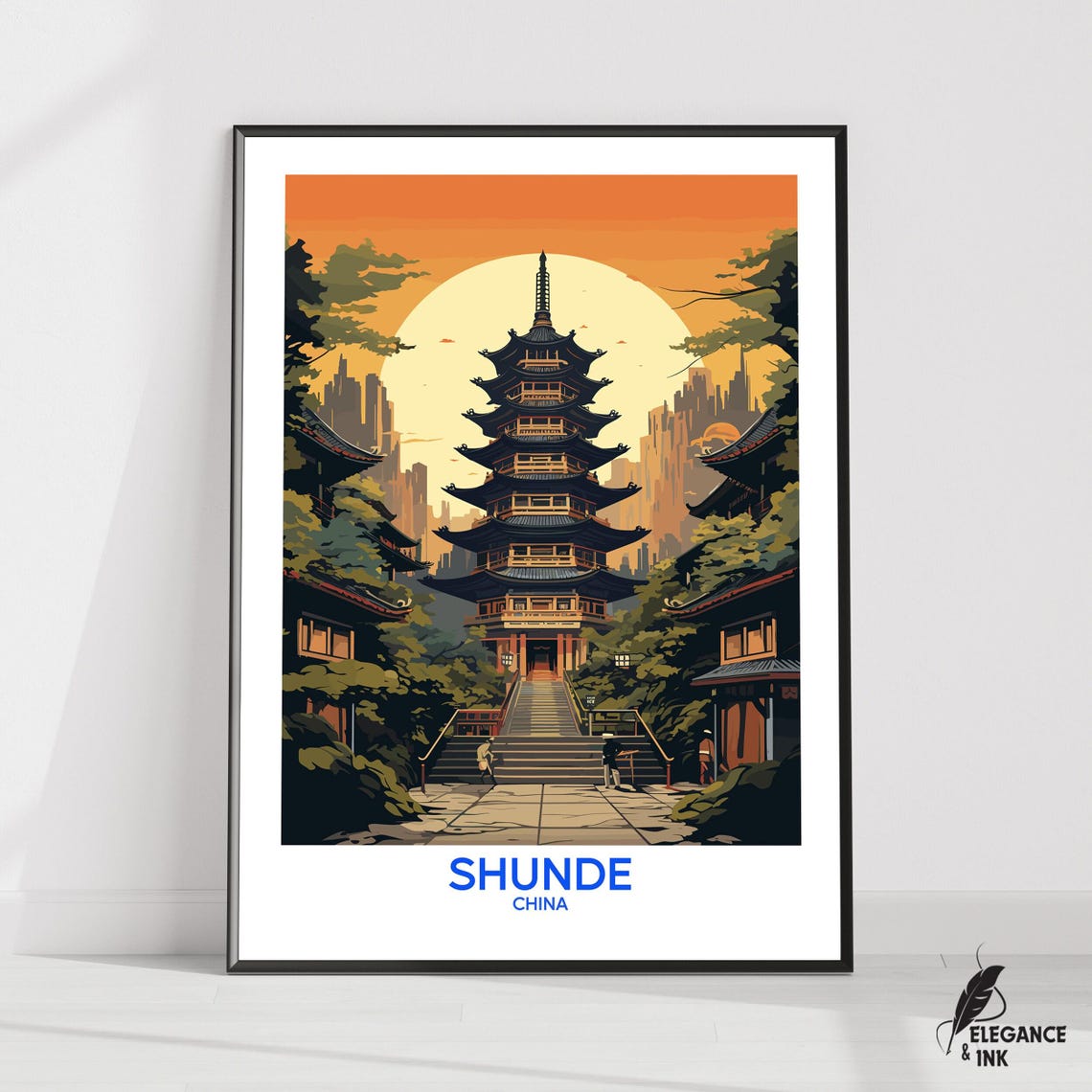 Shunde China Pagoda Garden Sunset Travel Illustration Poster