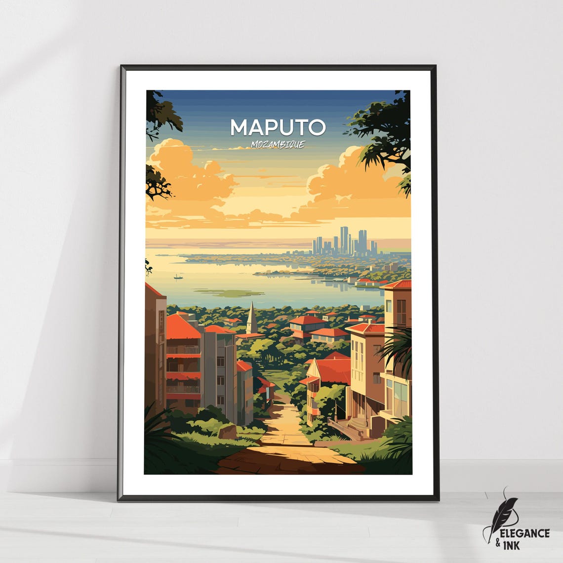 Maputo Mozambique Bay Sunset Cityscape Hills Vintage Travel Poster