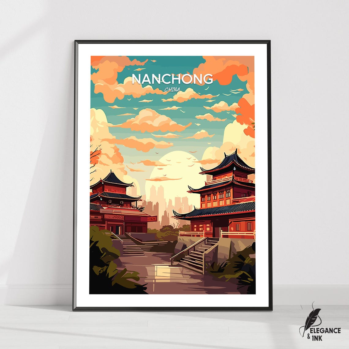 Nanchong China Red Temple Architecture Vintage Travel Poster