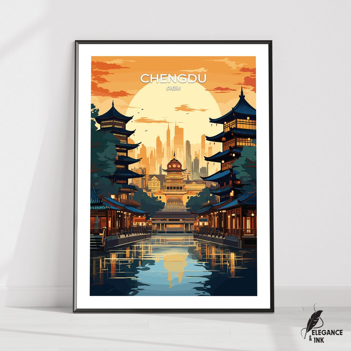 Chengdu China Old Town Canal Sunset Reflections Skyline Art Print