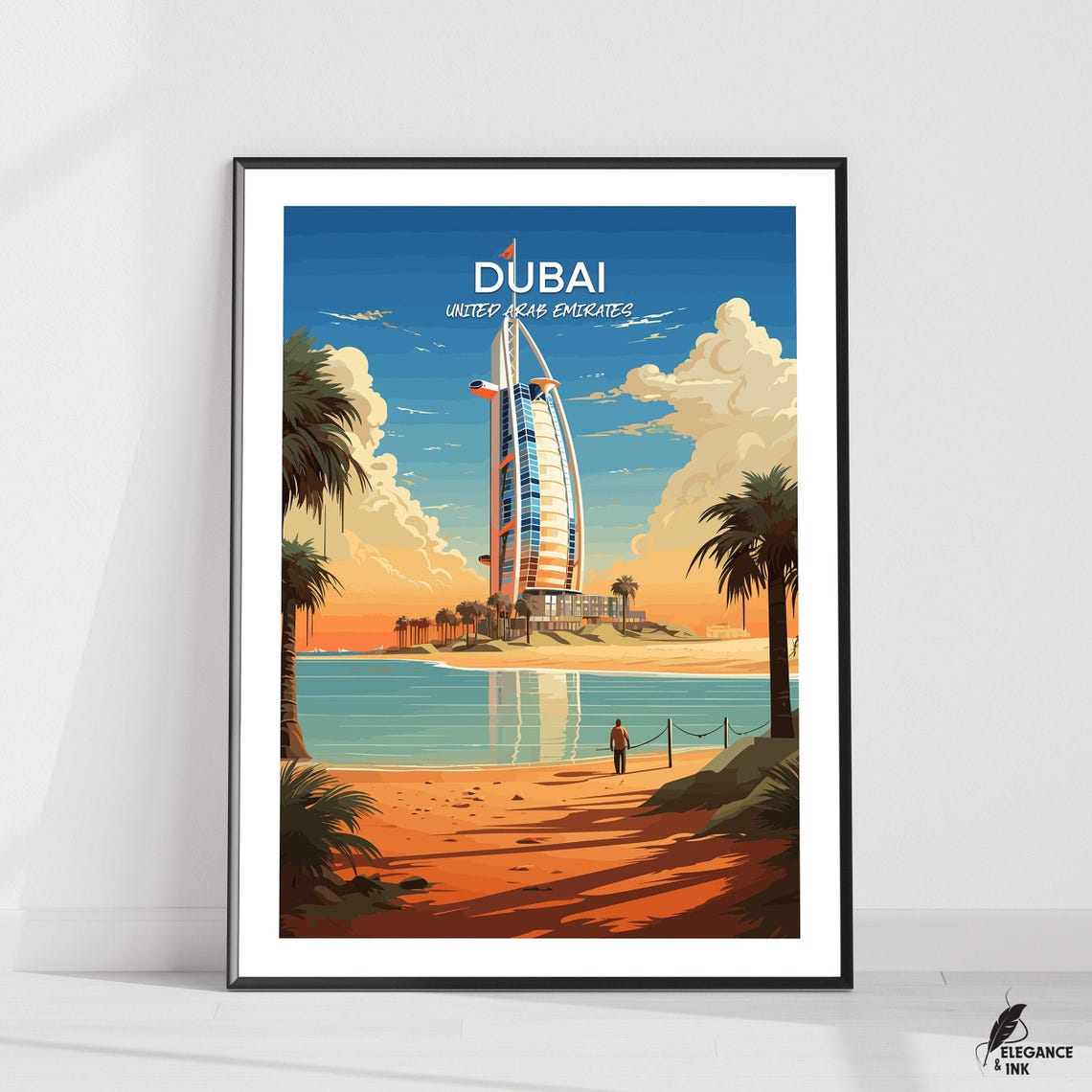 Dubai Burj Al Arab Palm Beach Sunset Retro Vintage Travel Poster