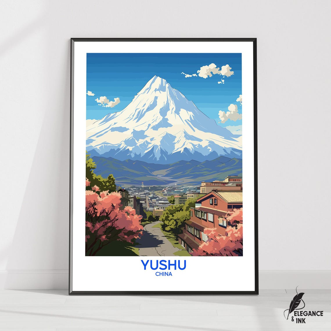 Yushu China Snow Mountain City Spring Blossoms Vintage Travel Poster