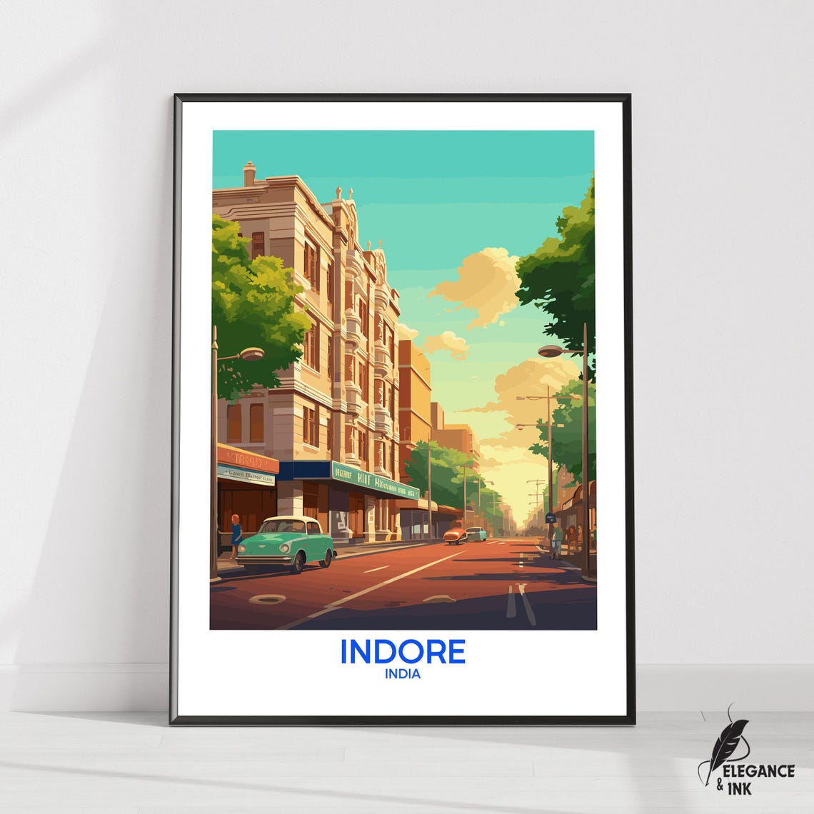 Indore India Retro Travel Poster With Blue Title Below Artwork