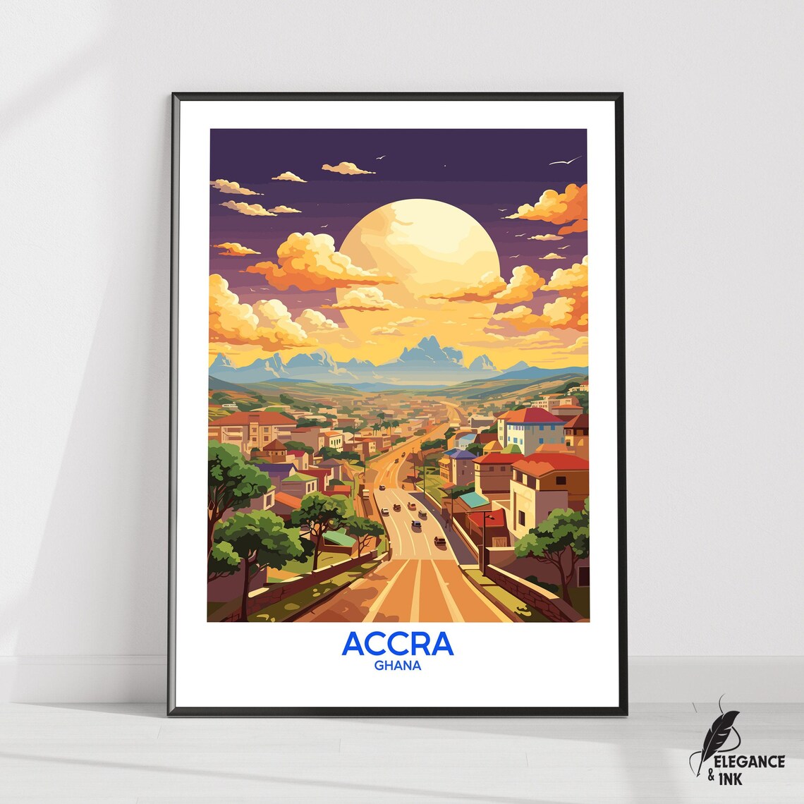 Accra Ghana Sunset Cityscape Vintage Travel Illustration Poster