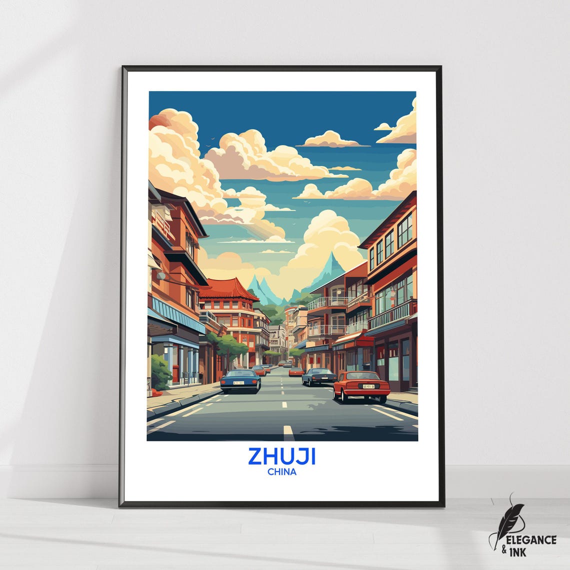 Zhuji China Red Street With Blue Mountains Retro Travel Poster