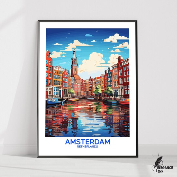 Amsterdam Wall Hanging Posteramsterdam Flat Vector Illustration Canvasamsterdam Handmade Wooden Frame And Unframed Colorful Vintage Gift