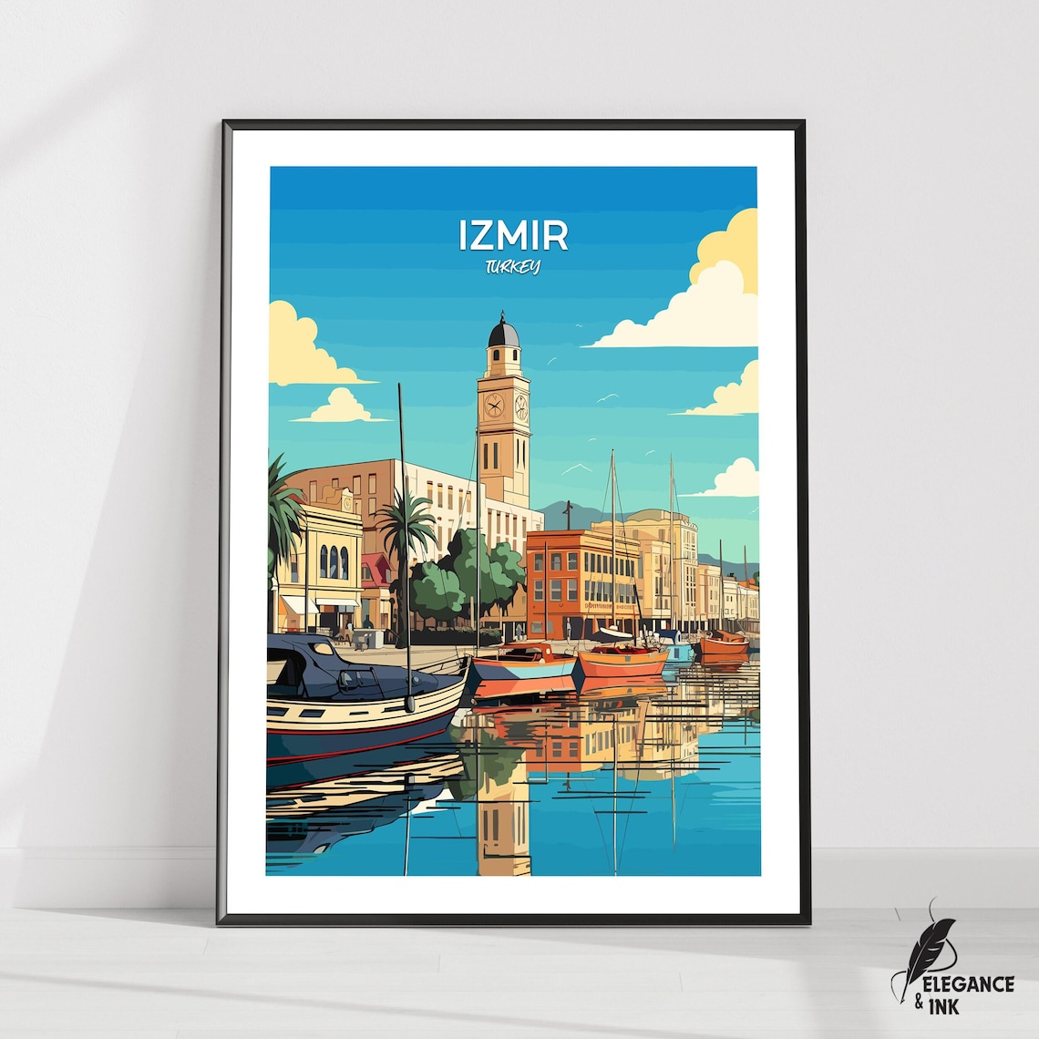 Izmir Turkey Konak Clock Tower Harbor Boats Vintage Travel Poster