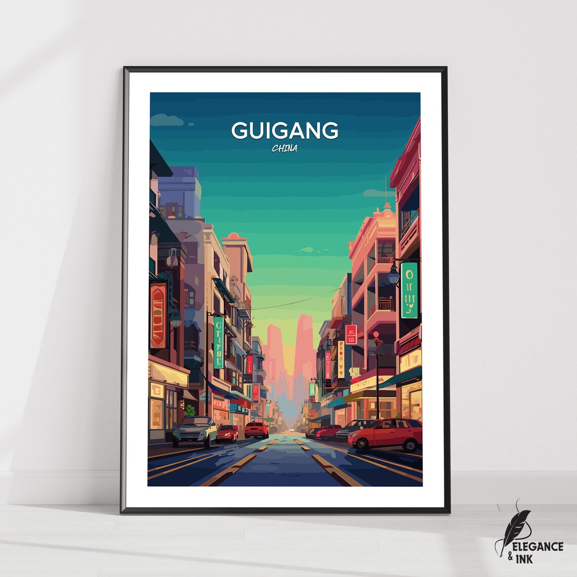 Guigang China Skyline Street Vintage Travel Poster Illustration