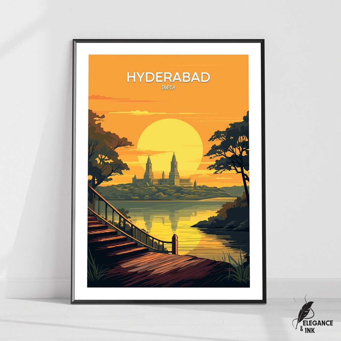 Hyderabad India Sunset Travel Poster with Temple Lake and Wooden Steps