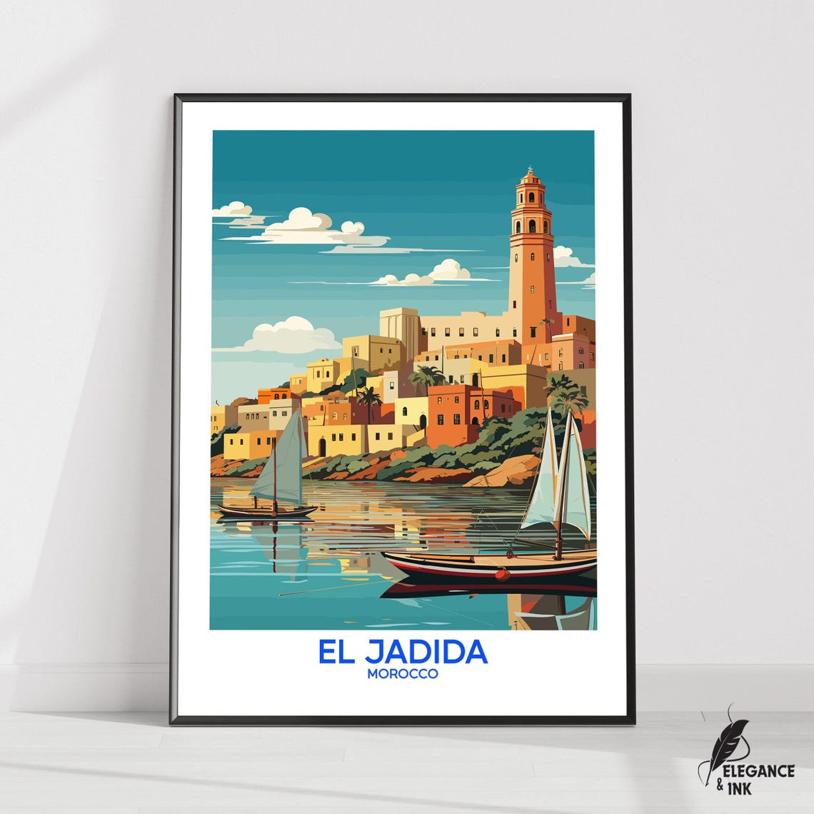 El Jadida Morocco Sailboats in the Harbor by the Tower Travel Poster