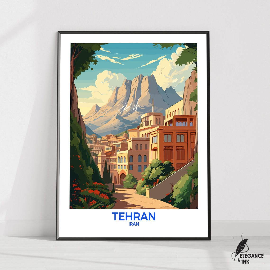 Tehran Iran Mountain City Street Vintage Style Travel Poster