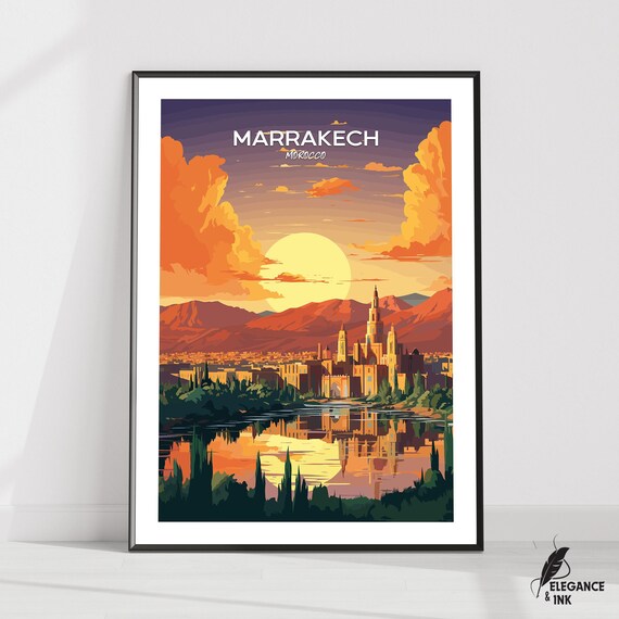Marrakech Morocco Sunset Skyline White Text Edition Travel Poster