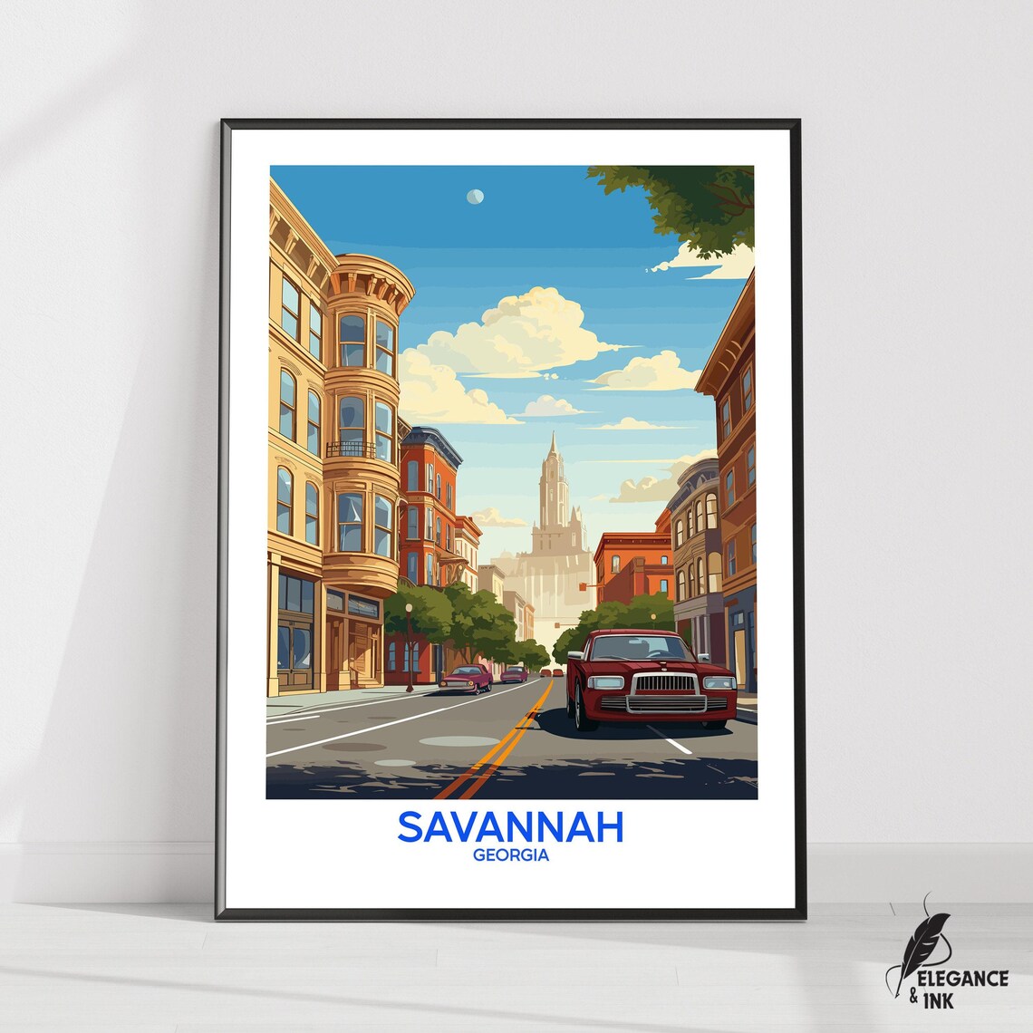 Savannah Georgia Historic Street Red Car Vintage Travel Poster Art
