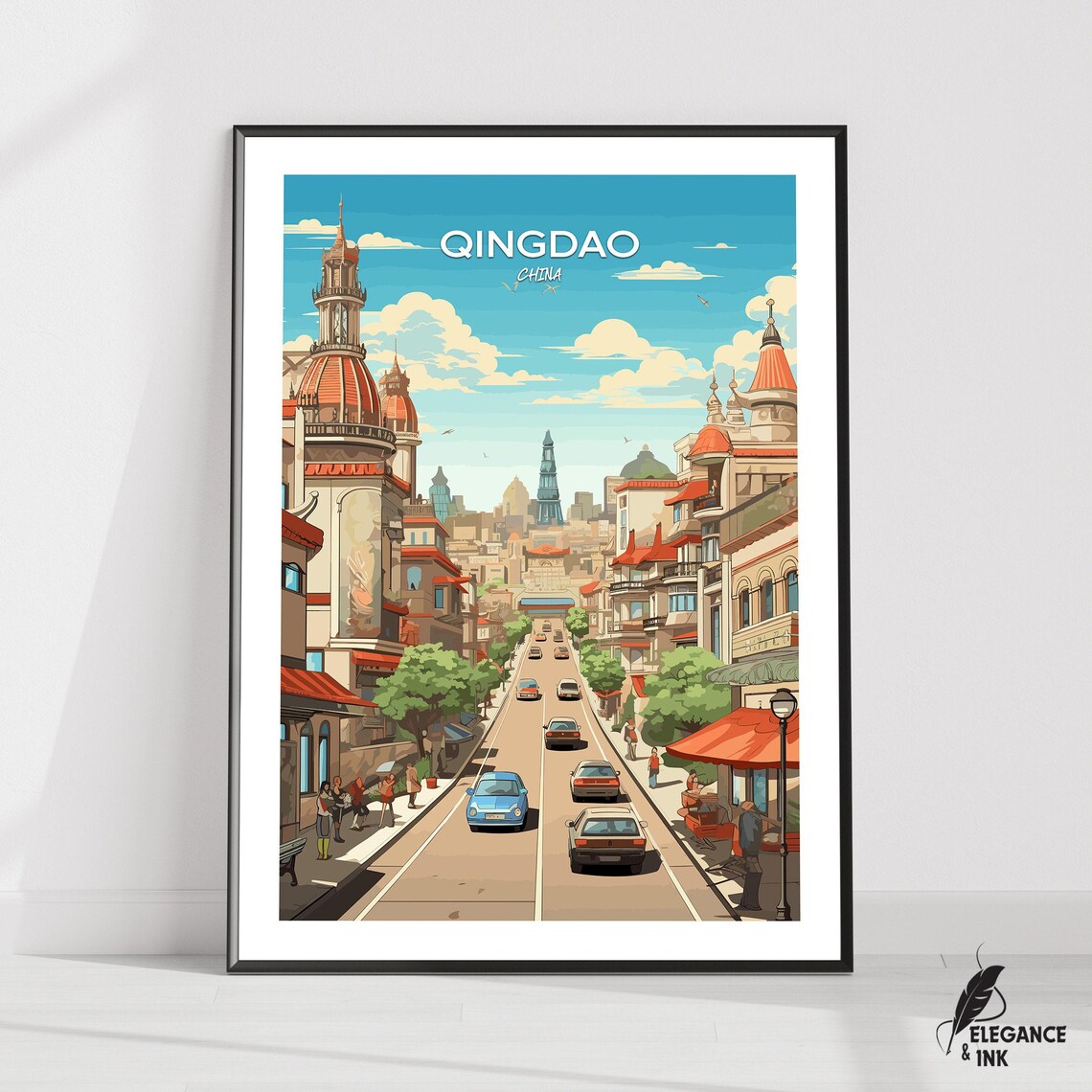 Vintage Qingdao China Historic Old Street Travel Poster Artwork