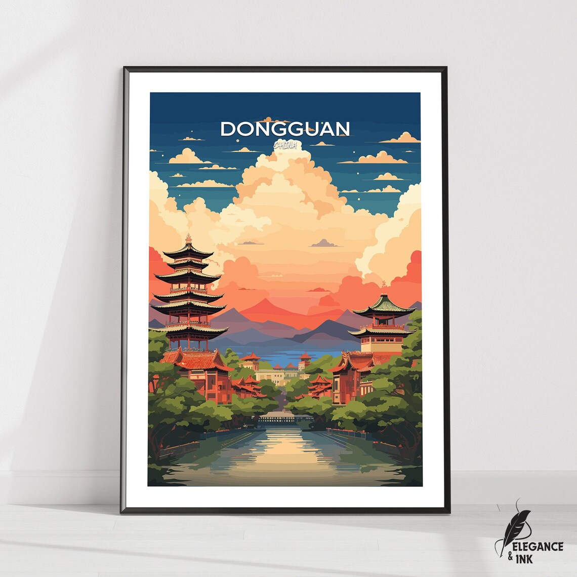 Dongguan China Retro Sunset Skyline Travel Illustration Art Poster