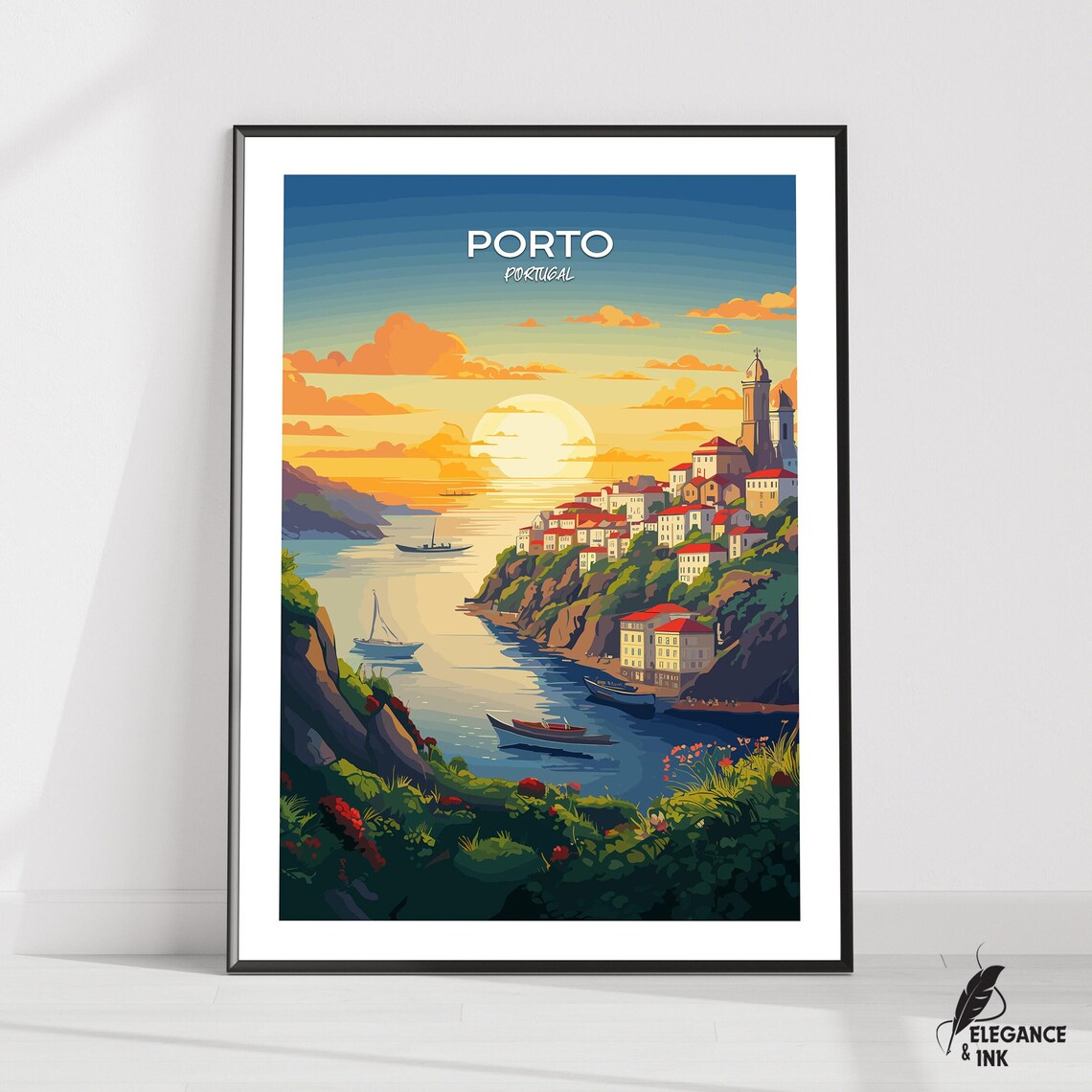 Porto Portugal Golden Sunset Riverside Old Town Houses Travel Poster