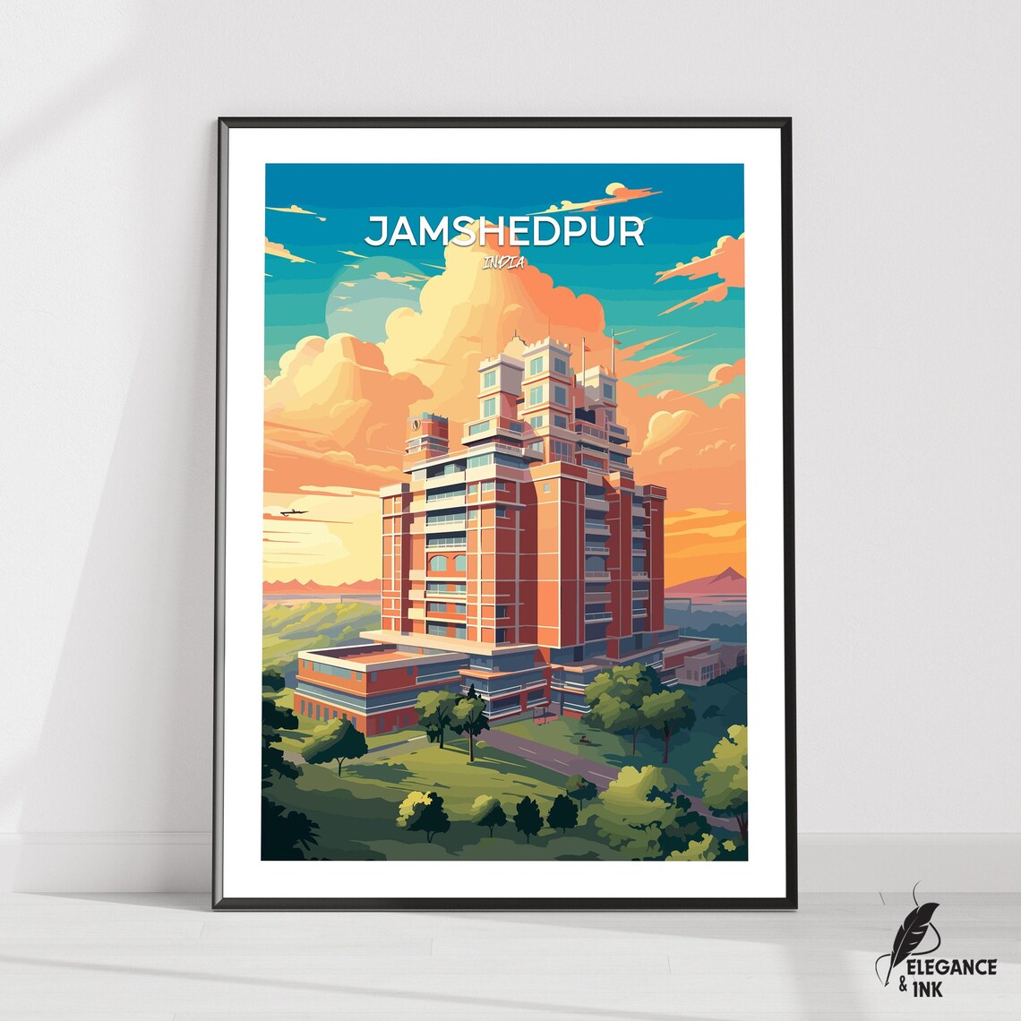 Jamshedpur India Orange Skies Cityscape Vintage Travel Poster