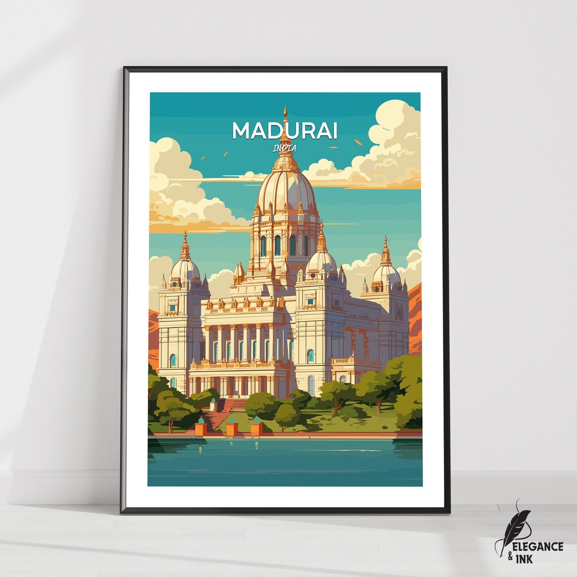 Madurai India Grand Domed Palace Lake Vintage Travel Poster Art