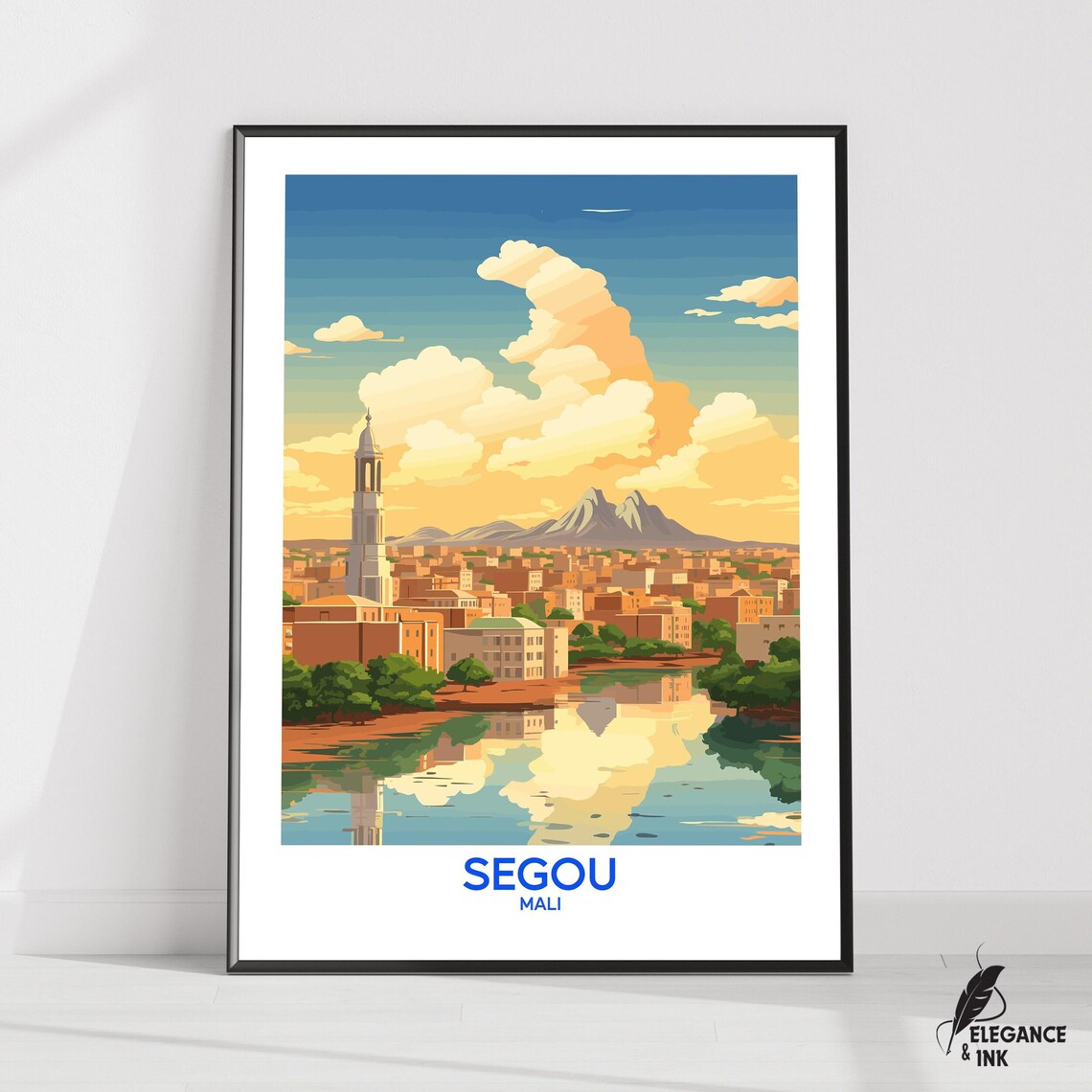 Segou Mali Niger River Vintage Cityscape Travel Illustration Poster