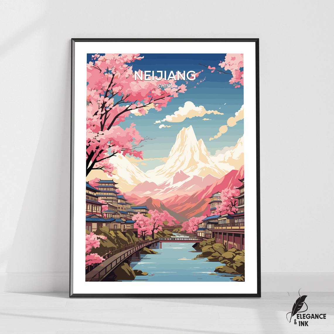 Neijiang China Spring Cherry Blossom Mountain Illustration Poster
