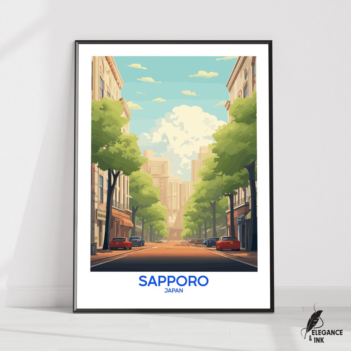 Charming Sapporo Japan Tree Lined Street Retro Illustrated Poster