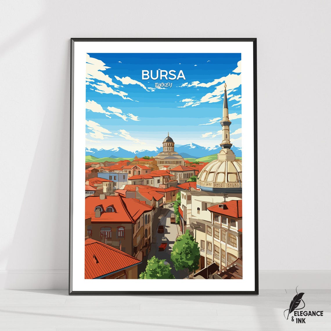 Bursa Turkey Mosque Rooftops Blue Sky In Artwork Title Poster
