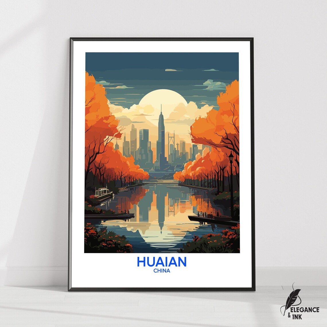 Huaian China Riverfront Skyline Autumn Moon Scene Travel Poster