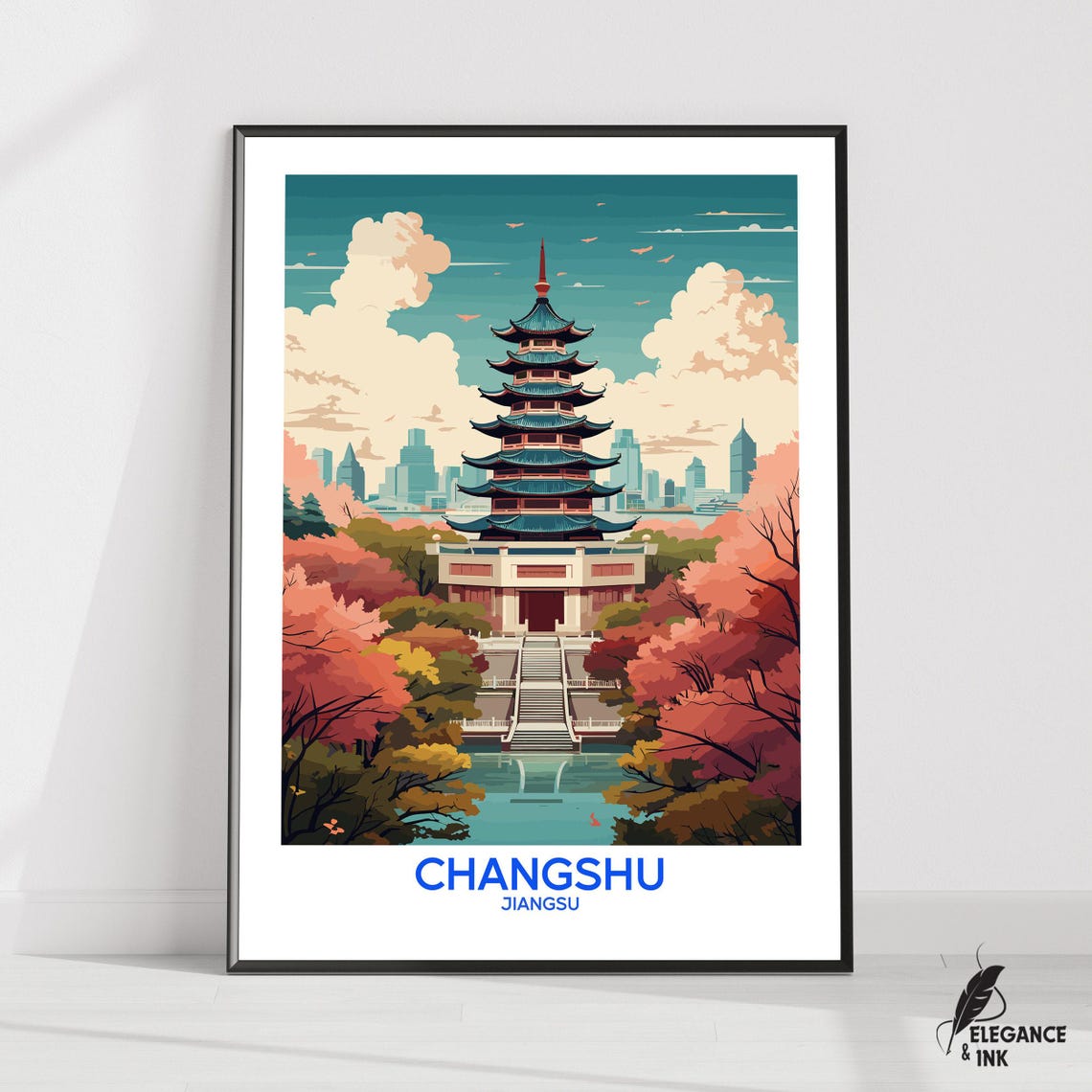 Changshu Jiangsu Pagoda Illustration Vintage Travel Wall Decor Poster