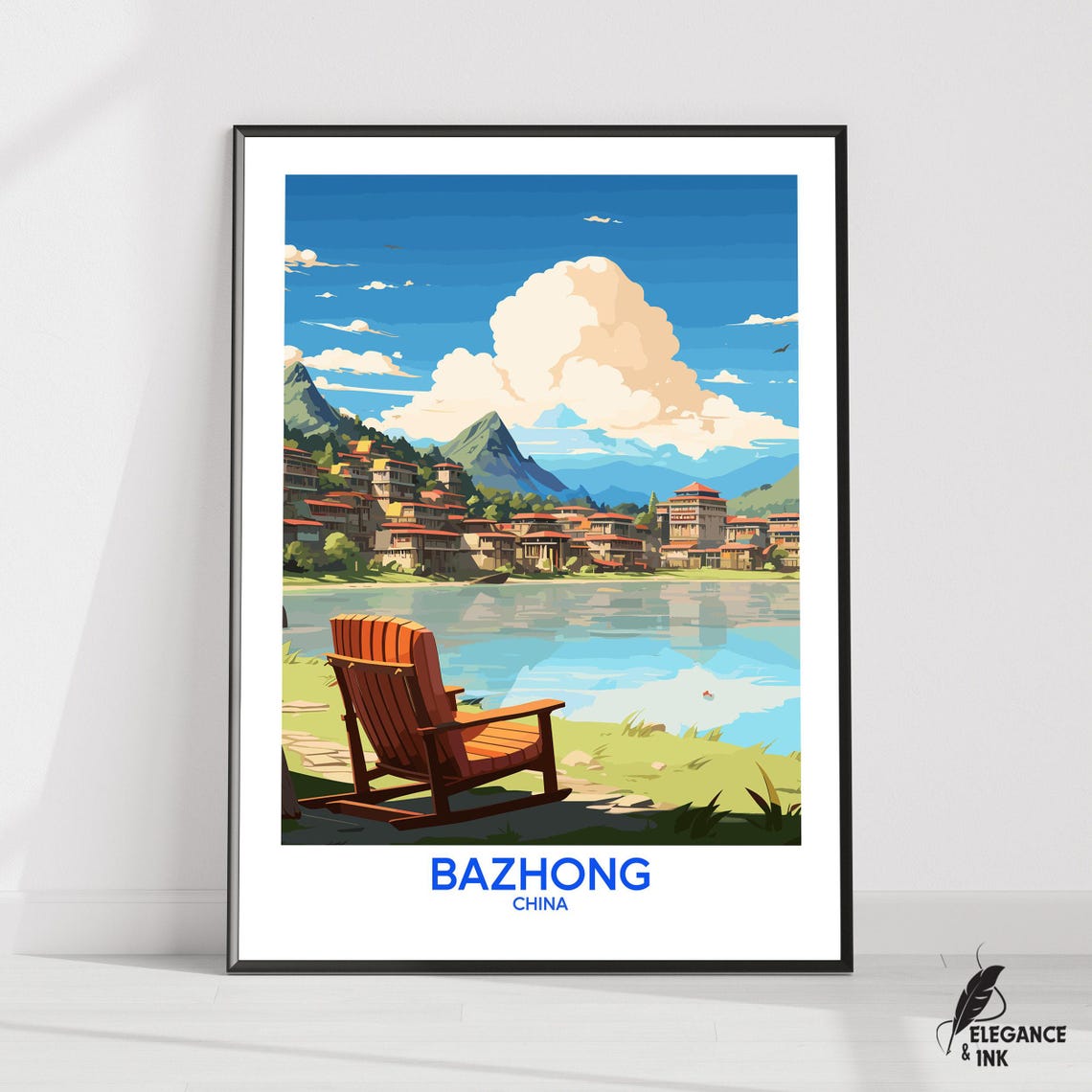 Bazhong China Scenic Mountain Lake Town with Lakeside Chair Poster
