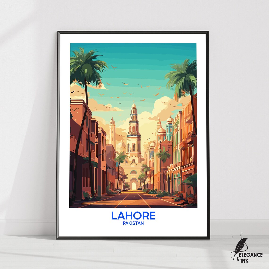 Lahore Pakistan Palm Avenue Mosque Street Scene Blue Travel Poster