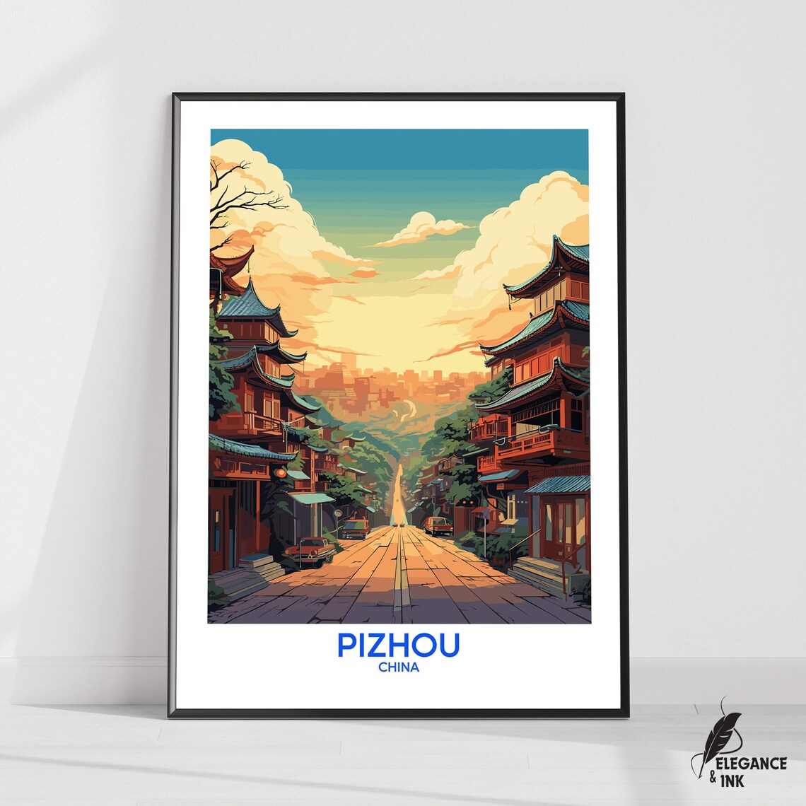 Pizhou China Old Town Pagoda Street Golden Hour Vintage Travel Poster