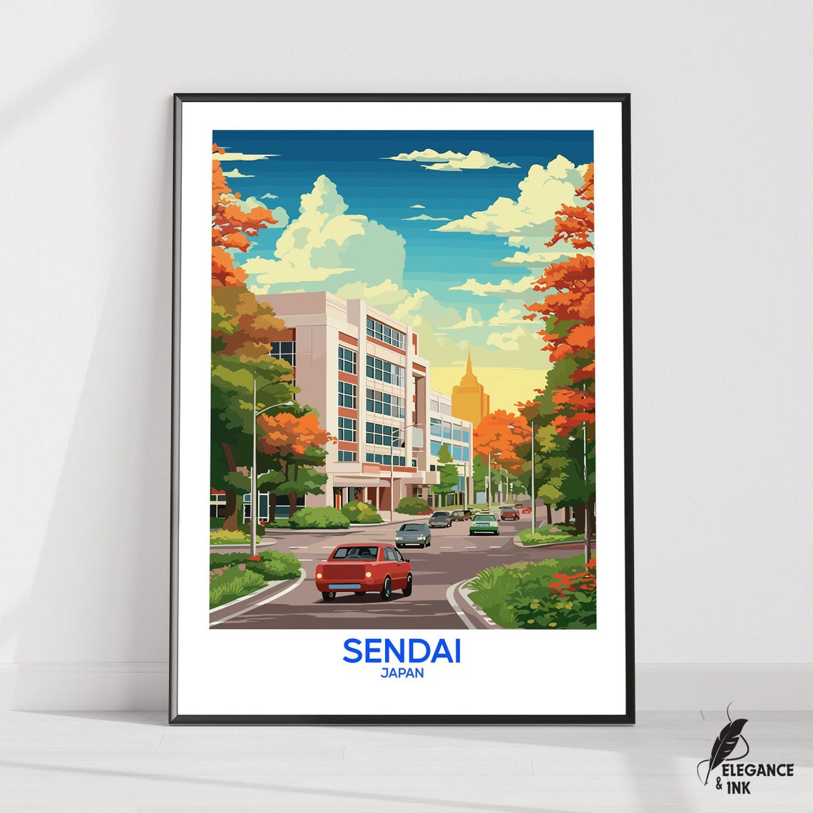 Sendai Japan Autumn Street With Red Trees Retro Travel Poster