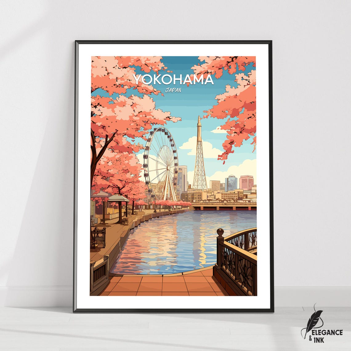Yokohama Japan Cherry Blossom Poster With Ferris Wheel Harbor View