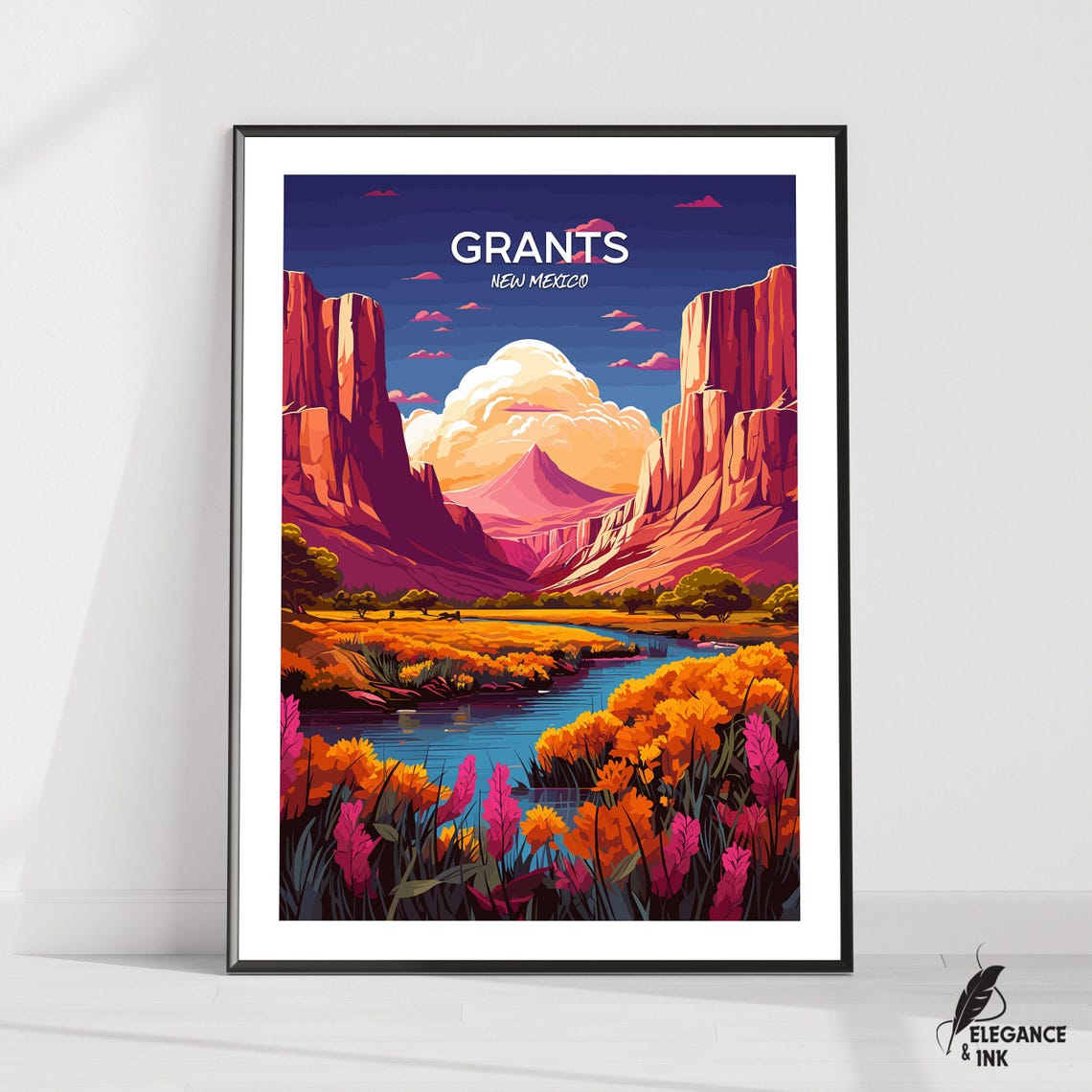 Grants New Mexico Desert Canyon Sunset Illustrated Travel Poster
