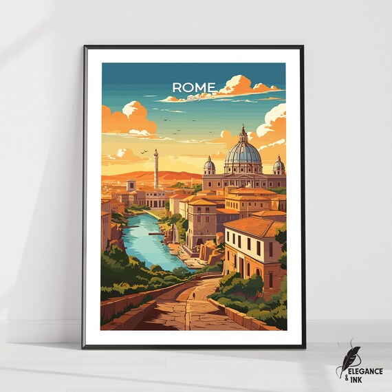 Rome Wall Hanging Posterrome Flat Vector Illustration Canvasitaly Handmade Wooden Frame And Unframed Colorful Vintage Gift