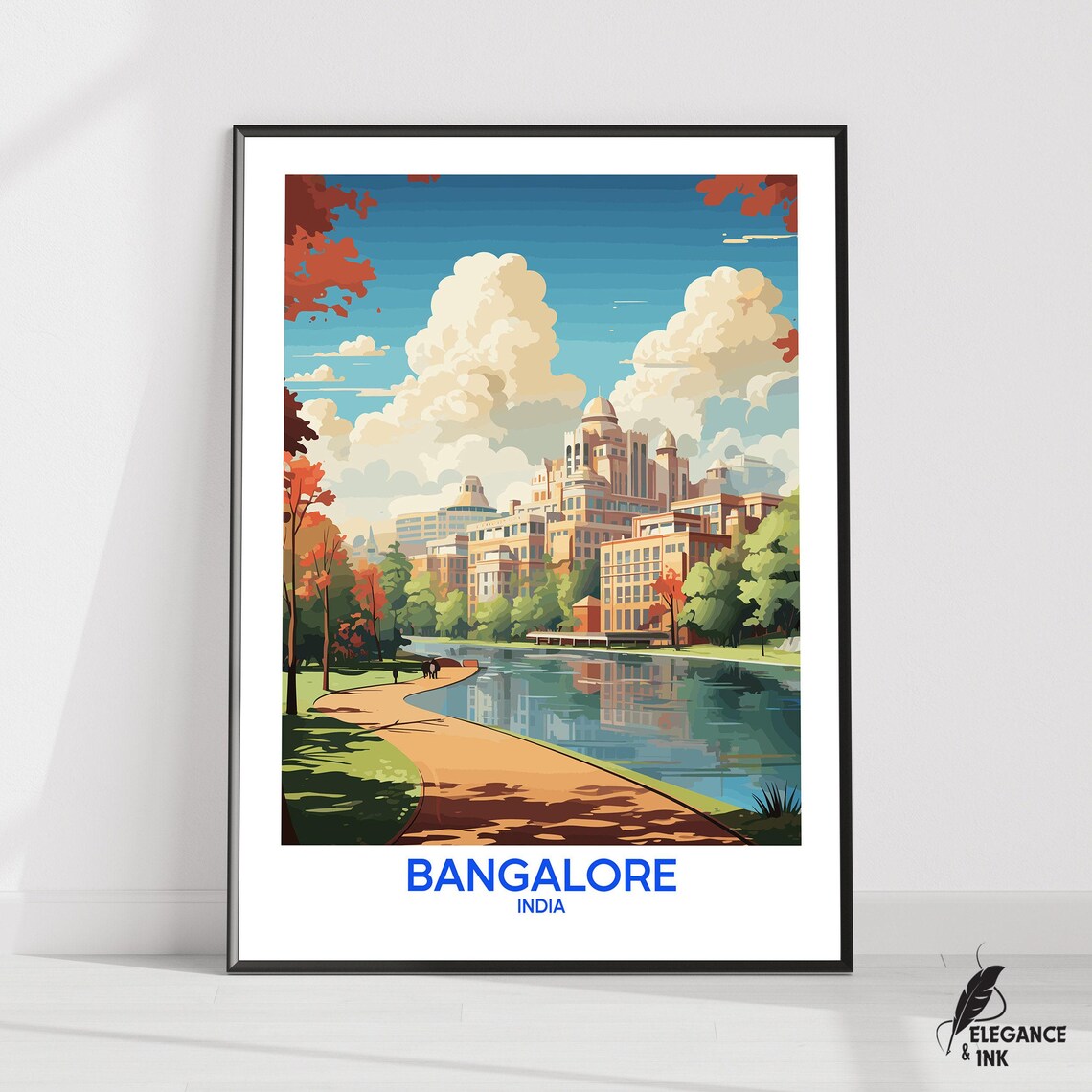 Bangalore India City Skyline Park Lake Blue Title Travel Poster