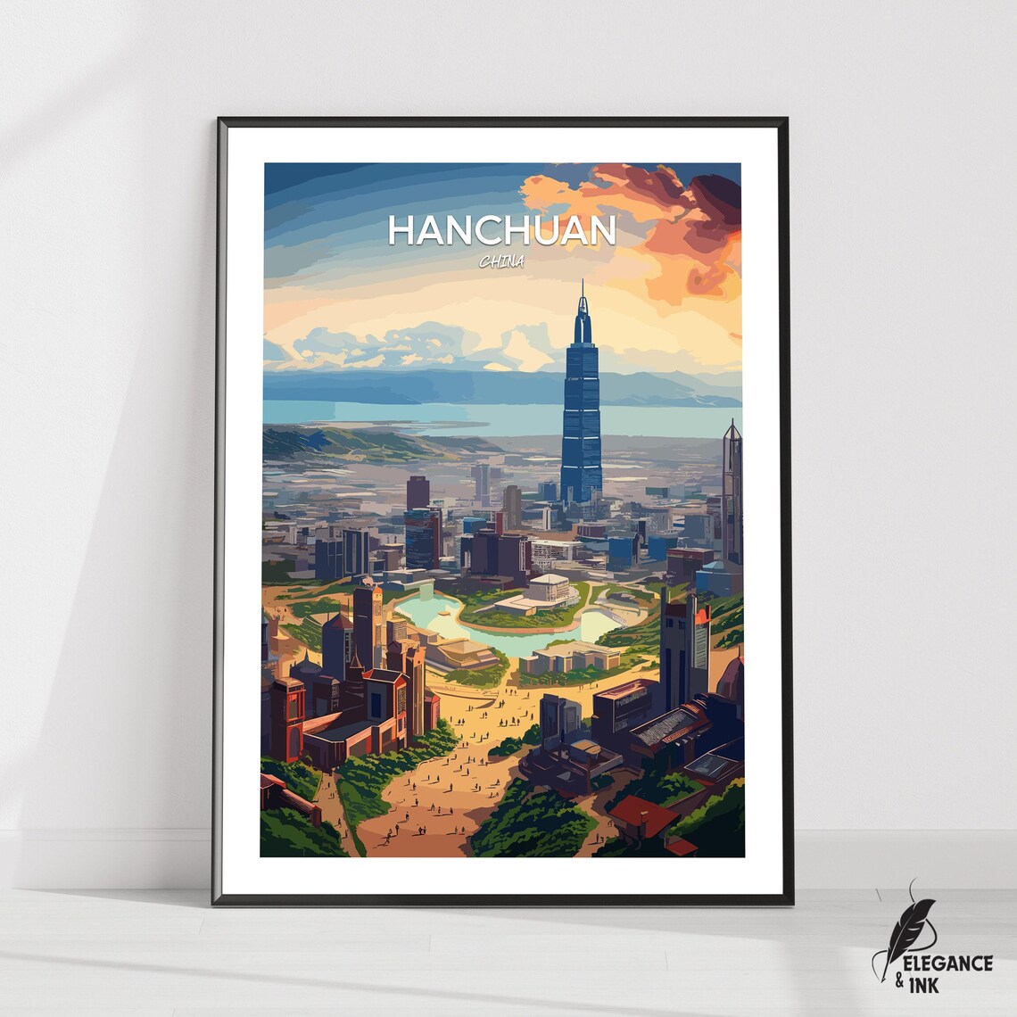 Hanchuan China Sunset City Skyline Retro Travel Poster Name Above