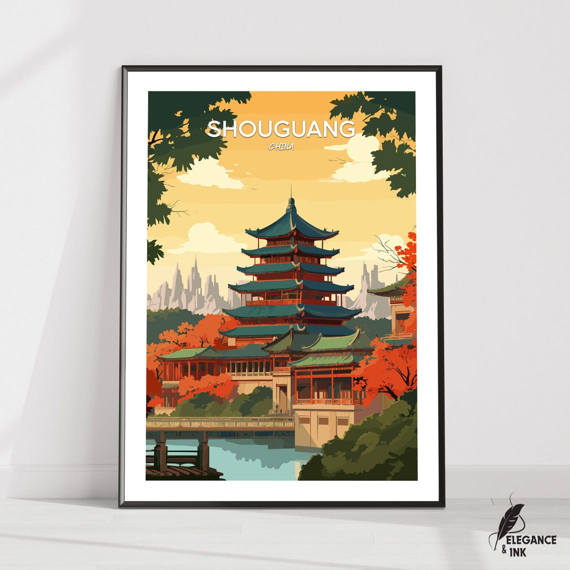 Shouguang China Pagoda Temple Golden Sky Vintage Travel Poster