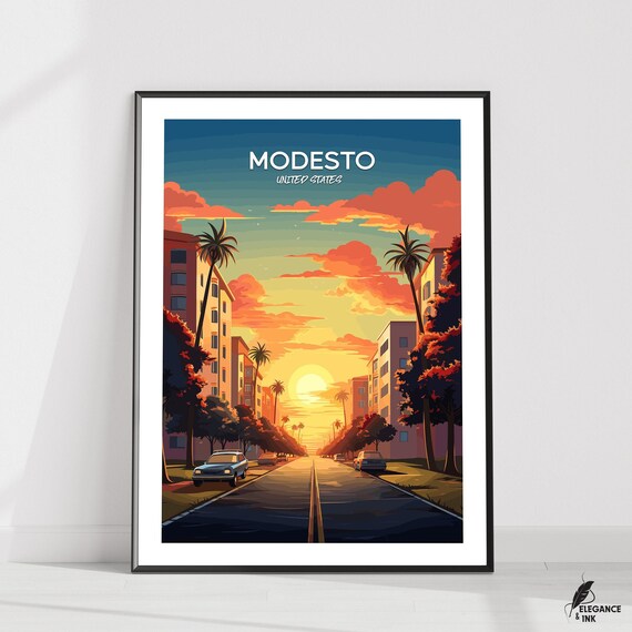 Modesto Printmodesto Travel Gallerymodesto Vintage Artwork Painting Illustrationmodesto Home Decorgift Idea