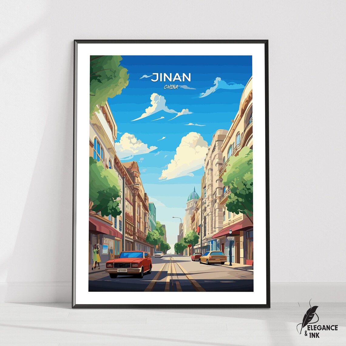 Jinan China Retro City Street Vintage Cars Travel Illustration Poster