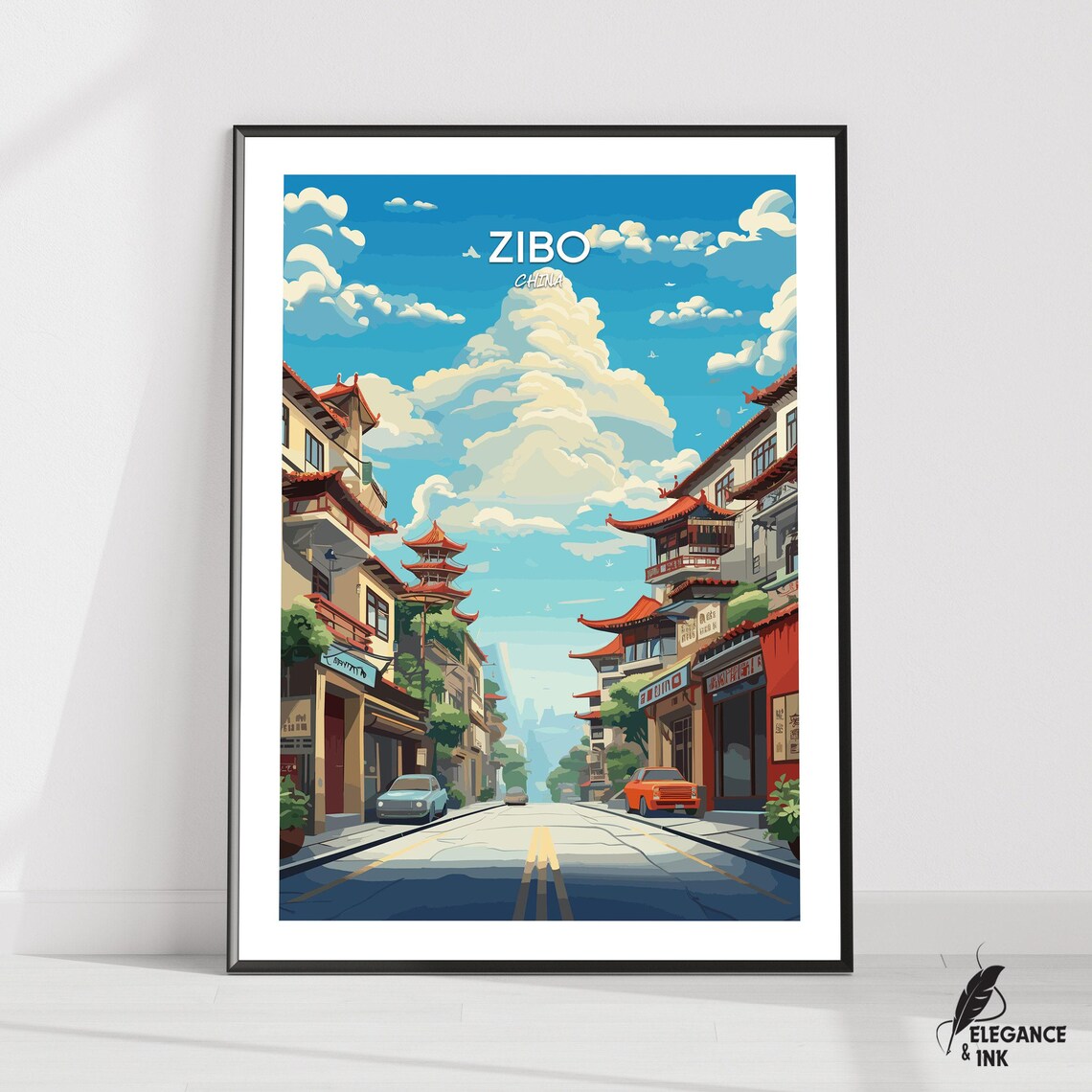 Zibo China Pagoda Street Vintage Illustration Travel Poster Artwork