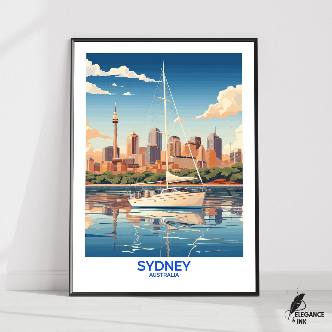 Sydney Australia Harbor Skyline Sailboat Illustration Poster