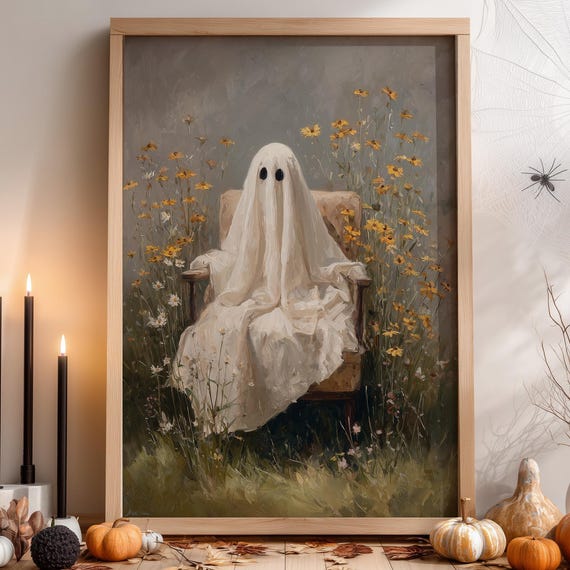 Cute In Meadow Print Vintage Spooky Halloween Fall Painting Wall Art Moody Retro Dark Autumn Decor