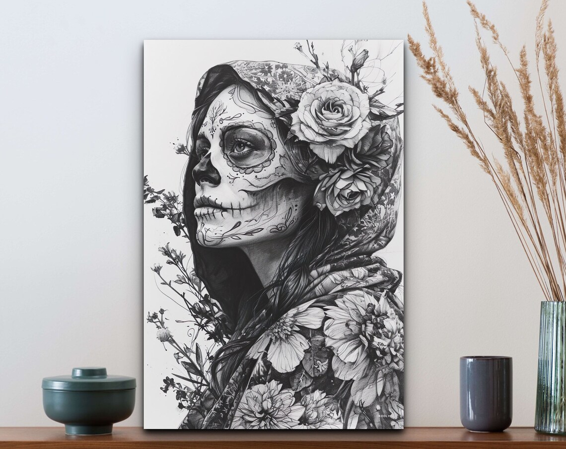 La Catrina Day Of The Dead Sugar Skull Roses Portrait Wall Art