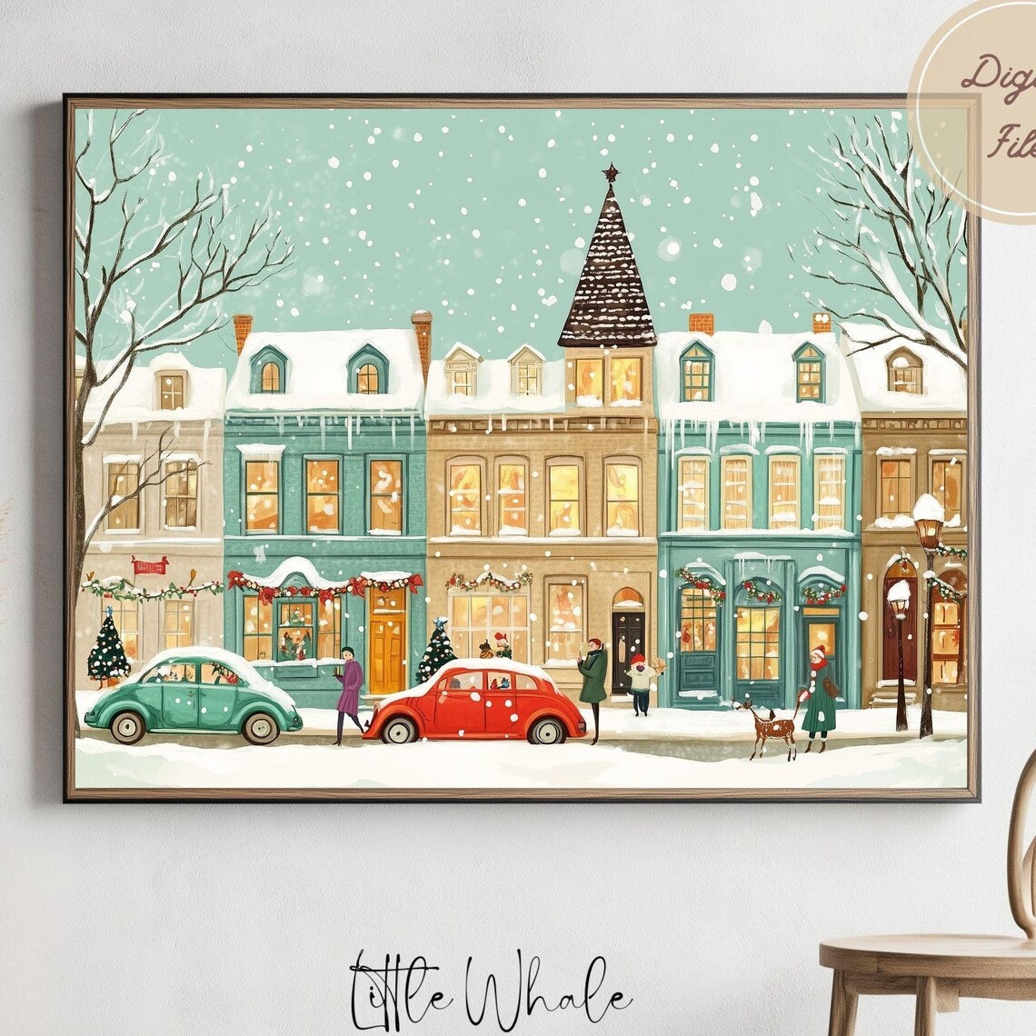 Snowy Shop Row with Vintage Cars Garlands and a Little Reindeer Poster