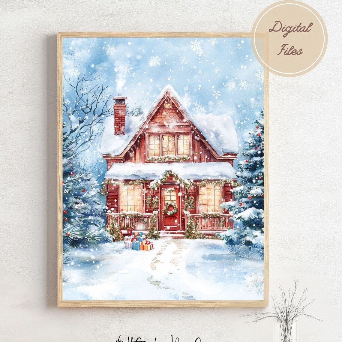 Cozy Red Cabin in the Snow with Gifts and Glowing Windows Poster