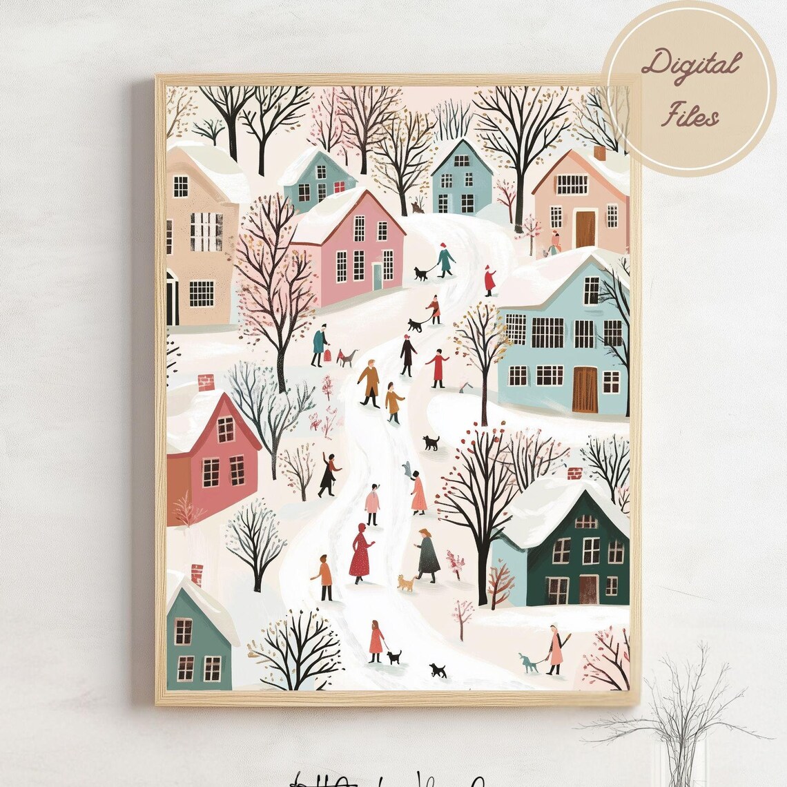 Pastel Snowy Village Aerial With Villagers Winter Stroll Poster - Image 3