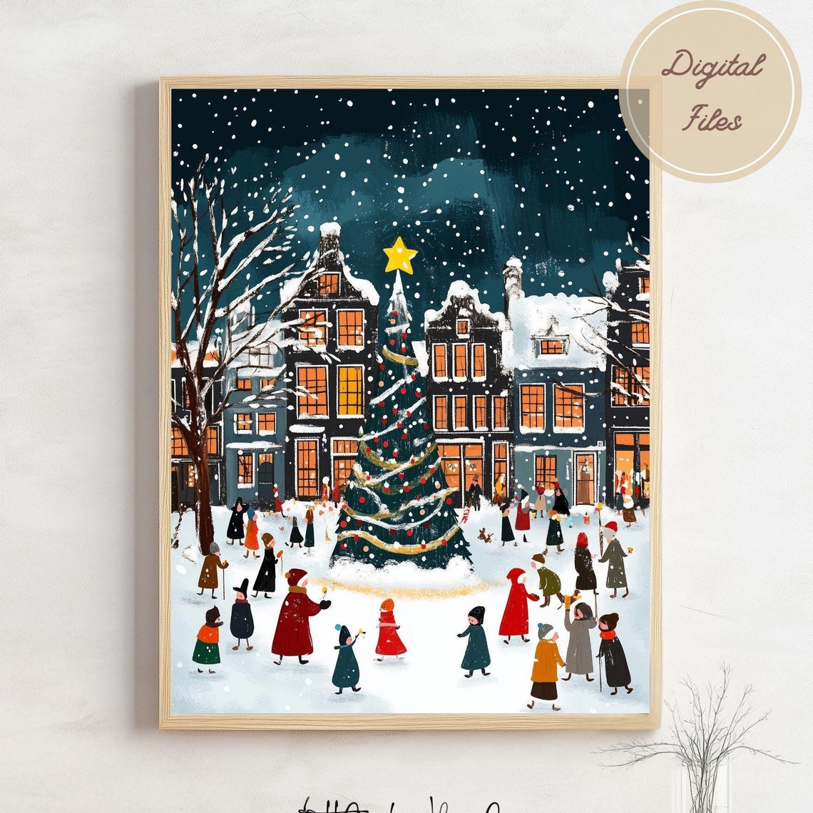 Christmas Tree Town Square Night Scene with Twinkling Lights Poster